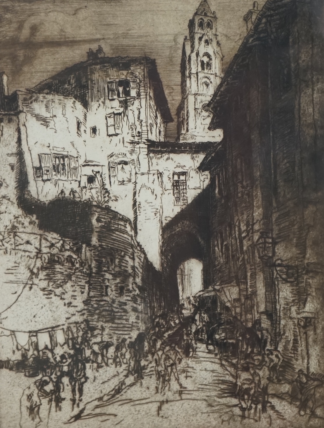 Frank Brangwyn (Welsh, 1867-1956), lithograph and etching, Street scenes with buildings, each signed in pencil, largest 42 x 31cm. Condition - poor to fair, discolouration and rippling to the paper